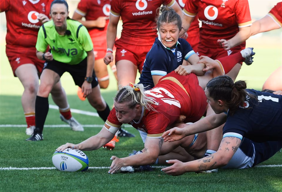 11.07.25 - Wales Women U20 v Scotland Women U20, Womens U20 Six Nations Summer Series - Savannah Picton-Powell of Wales powers over for a try