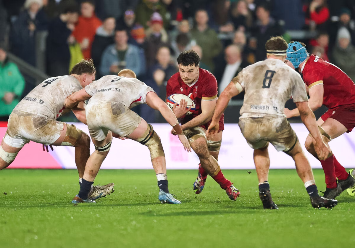 Deian Gwynne of Wales breaks against England