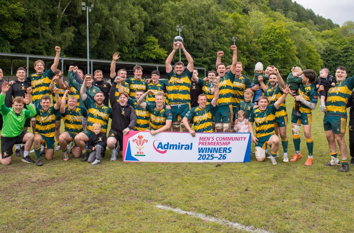 Merthyr skipper Paddy McBride holds aloft the WRU Premiership trophy after his side's final win at Cross Keys